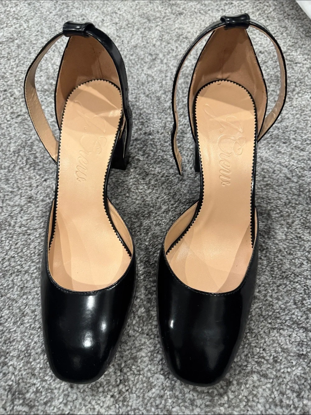 J crew Black Patent Ankle-Strap Block Heel Pumps